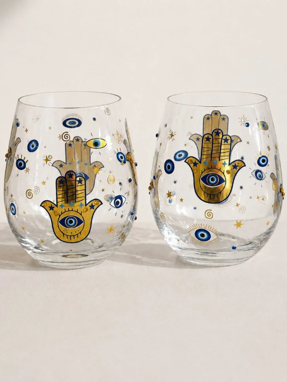 LOVE + LIGHT Wine Glasses Set Of 2 Hamsa Stemless Hamsa Evil Eye Stemless